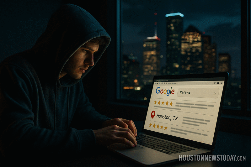 False google reviews, a night hustle in Houston, ai image via houstonnewstoday.com